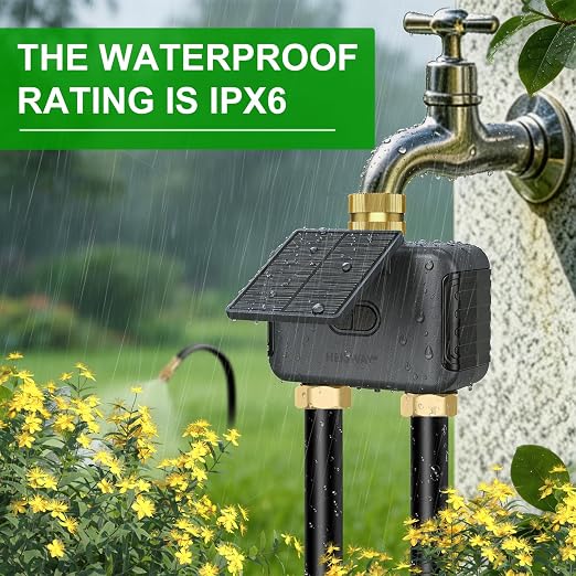 120FT Drip Irrigation System with WiFi Solar Water Timer, Automatic Garden Watering Kit with Dual Metal Tube Brass Connectors, 360° Adjustable Nozzles for Garden, Greenhouse & Lawn