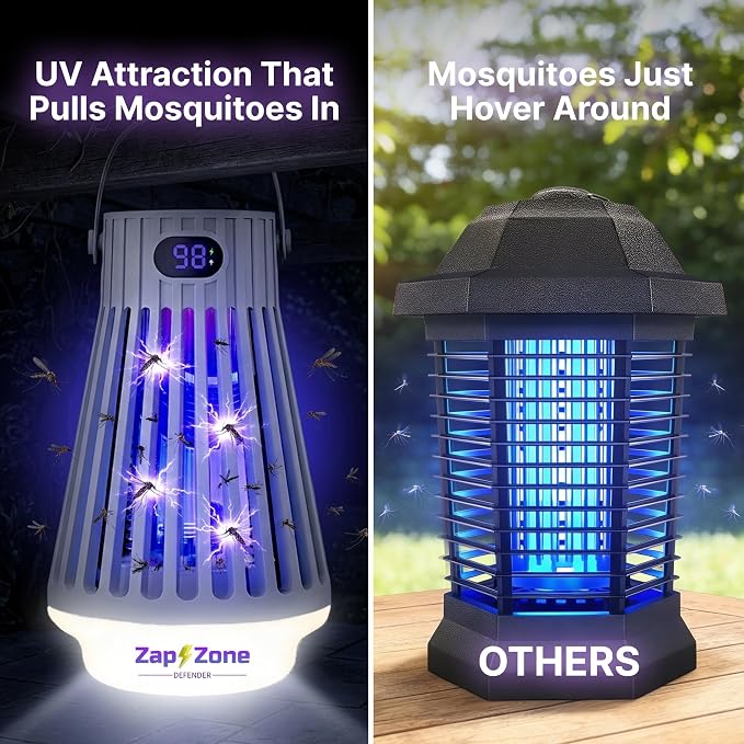Zap Zone Defender Bug Zapper Outdoor Indoor, Rechargeable Mosquito Zapper with UV Light USB-C Electric Insect Trap Mosquito Repellent Outdoor Patio Camping Traps 3 Modes IPX5 Water Resistant Lantern