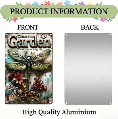Funny Garden Metal Signs, Vintage Outdoor Wall Decor 8x12 Inch | Welcome to Our Garden Where Memories Grow, Weatherproof Aluminum Sign for Patio Yard Greenhouse, Gift For Gardeners