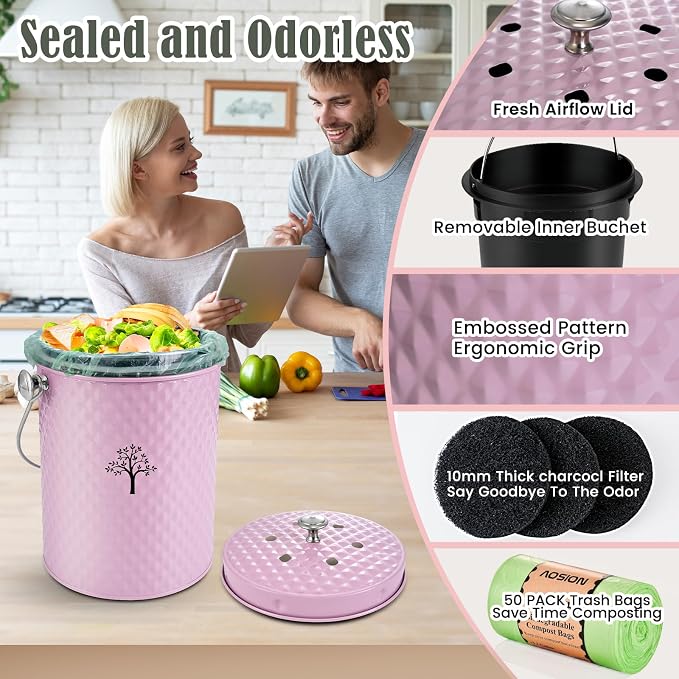 AOSION Countertop Compost Bin, Odor-Free Food Waste Container with 50 Bags | 1 Gallon Container,2 Carbon Filters,Compost Bucket, coffee grounds
