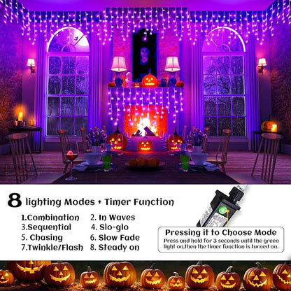 66ft Purple Christmas Lights Outdoor Indoor, 640 LED Icicle Lights for Outside Twinkle Christmas Lights with 120 Drops Clear Wire Timer 8 Modes for House Party Tree Yard Patio Eaves Holiday Decoration