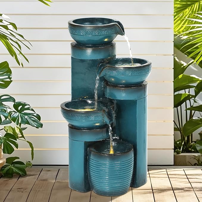 AUTODAYA 19.3" Faux Ceramic Outdoor Water Fountain with LED Lights | 4-Tier Resin Cascading Water Feature with Pedestal Waterfall for Garden, Patio, Yard or Porch