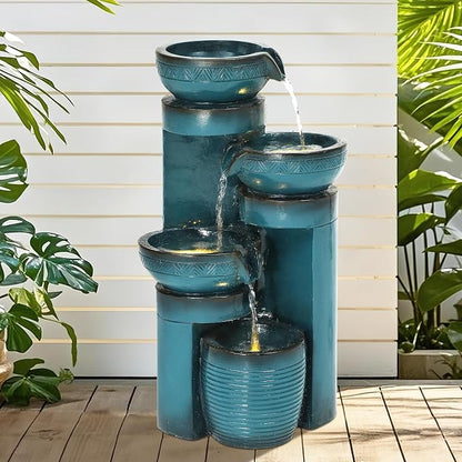 AUTODAYA 19.3" Faux Ceramic Outdoor Water Fountain with LED Lights | 4-Tier Resin Cascading Water Feature with Pedestal Waterfall for Garden, Patio, Yard or Porch