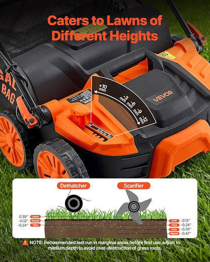 VEVOR 2-in-1 Electric Dethatcher and Scarifier, 16-Inch 15 Amp, Corded Lawn Dethatcher with 14.5-Gallon Thatch Collection Bag, 5-Position Depth Adjustment, Walk Behind Machine for Garden Yard Grass