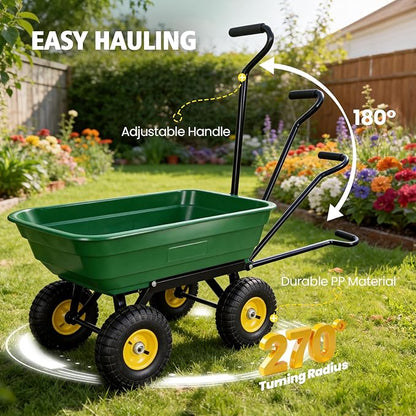 Heavy Duty Garden Dump Cart - 600lbs Load Capacity, 10" All-Terrain Wheels, Quick-Release System, Durable Poly Bed, 180° Rotating Handle, Yard Cart for Landscaping, Farm, and Outdoor Work