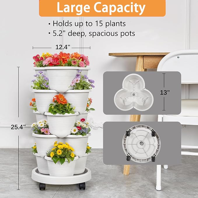 VECELO 5 Tier Vertical Garden Planter, Self Watering Stackable Planters with Wheels for Strawberries, Herbs, Flowers, Vegetables, Gray