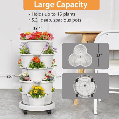 VECELO 5 Tier Vertical Garden Planter, Self Watering Stackable Planters with Wheels for Strawberries, Herbs, Flowers, Vegetables, Gray