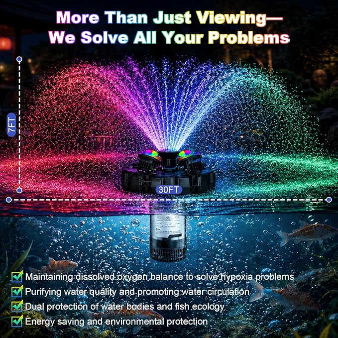 Pond Fountain Aerator, with 4 RGB Lights 1HP 110V 15000 GPH Pond Fountain Pump with Lights, Fully Automatic Lake Floating Fountain, 100 FT Power Cord, Pond Fountains for Large Ponds Lake