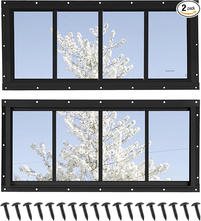 Shed Windows 2 Pack, Fixed Transom Windows 10" x 23" Black | Small Chicken Coop Windows with Tempered Glass for Shed, Barns, Playhouse, Household, Garage