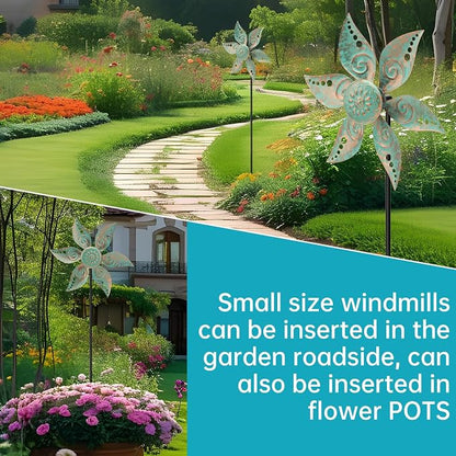 2 Pack Wind Spinners Outdoor Metal Vintage Green, Waterproof Wind Sculptures Garden Pinwheels & Decorative Stakes, Small Windmills for Yard Lawn Patio Outdoor Garden Decor (Type 35)