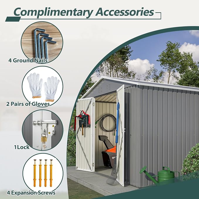 PVWIIK 10x10 FT Large Outdoor Metal Storage Shed, Heavy Duty Waterproof Steel Garden Tool Shed with Lockable Doors, Utility Storage Building for Backyard Patio Lawn Garden, Grey