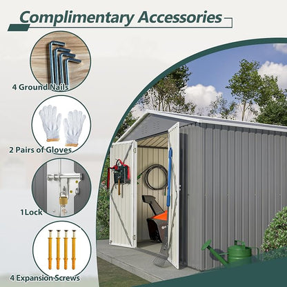 PVWIIK 10x10 FT Large Outdoor Metal Storage Shed, Heavy Duty Waterproof Steel Garden Tool Shed with Lockable Doors, Utility Storage Building for Backyard Patio Lawn Garden, Grey