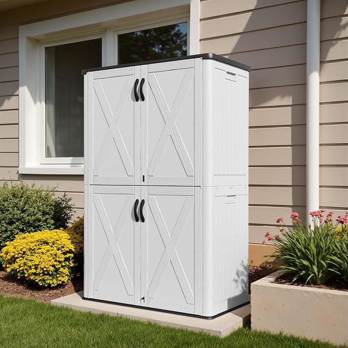 Devoko 50 Cu Ft Plastic Outdoor Storage Cabinet, White | Vertical Resin Storage Shed with Lockable Door, Waterproof Shed for Patio Furniture Pool Toy, Garden Tool, Shelf Not Included