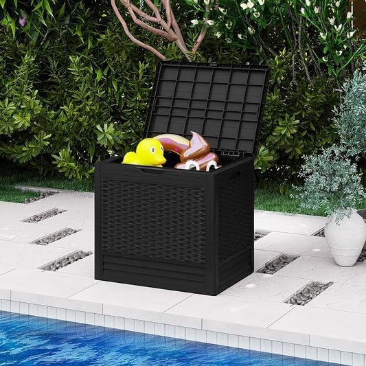 Tangkula 25 Gallon Outdoor Storage Box, Waterproof PP Resin Patio Storage Box with with Lockable Lid for Indoor & Outdoor Use, 2-in-1 Rattan Design Deck Box for Patio Cushions, Garden Tools