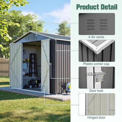 YOPTO 8x12 FT Large Outdoor Storage Shed with Lockable Doors & Floor Base,Weather-Resistant Metal Tool Shed for Garden, Backyard,Patio,Lawn,Gray