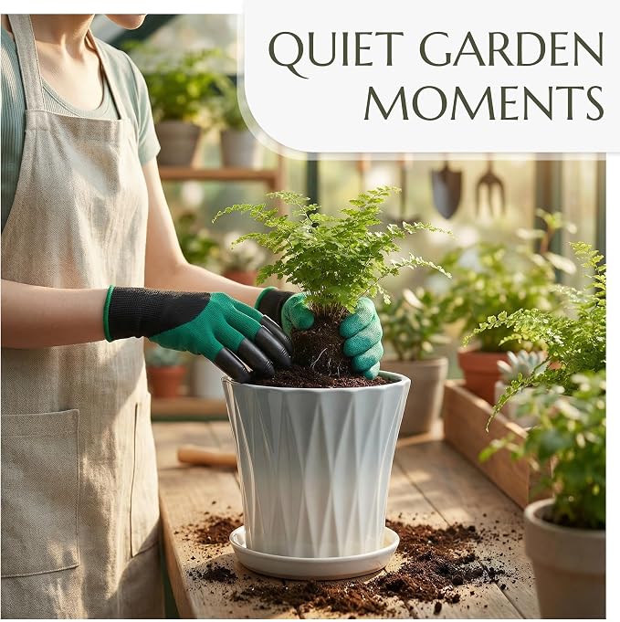 10 Inch Ceramic pots for Plants with Saucer Drainage Leak-Proof Mesh, Round Plant Pot with Gardening Gloves for Indoor Outdoor Plants (Rippled Grey)
