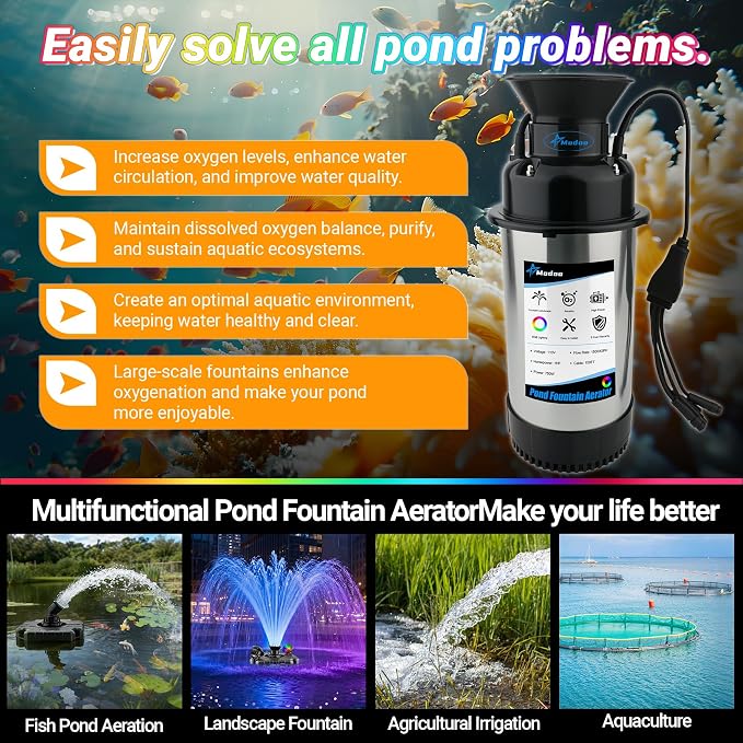 Pond Fountain Aerator with Lights, Dynamic RGB Light 1HP 750W Floating Fountain for Pond Lake, 110V 15000 GPH Fully Automatic Stainless Steel Fountain Pump 100Ft Cord with 2 LED Lights and Nail, Rope