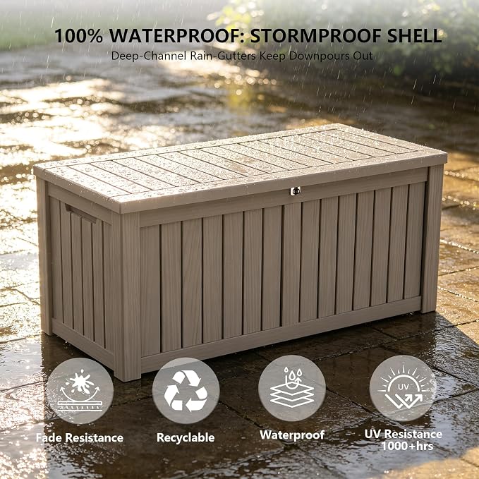 Outdoor Storage Box, 150 Gallon Waterproof Deck Box [Upgraded 3.1], Large Resin Storage with Hydraulic Gas Lifts for Cushions, Heavy Duty Lockable Bench Seat, Backyard Party, Grey