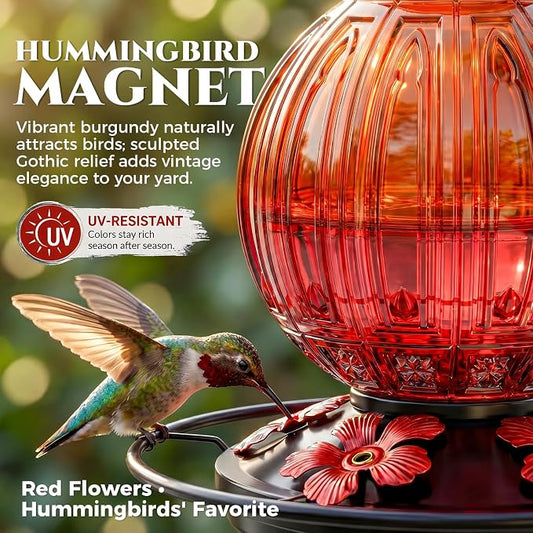 Glass Hummingbird Feeder for Outdoors Hanging, 26Oz Bird Nectar Feeder with Perch & 5 Flower Feeding Ports, Leak Proof for Outside Garden Decor Backyard, Gifts for Women Mom, Orange & Red