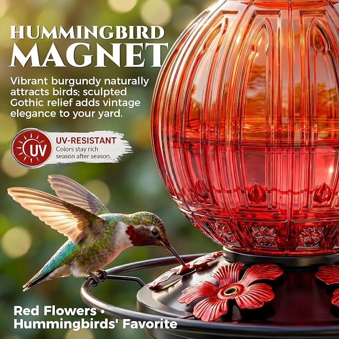 2 Pack Glass Hummingbird Feeder for Outdoors Hanging, Bird Nectar Feeder with Perch & 5 Flower Feeding Ports, 26 Oz Leak Proof for Outside Garden Decor Backyard, Gifts for Women Mom, Red + Orange Red