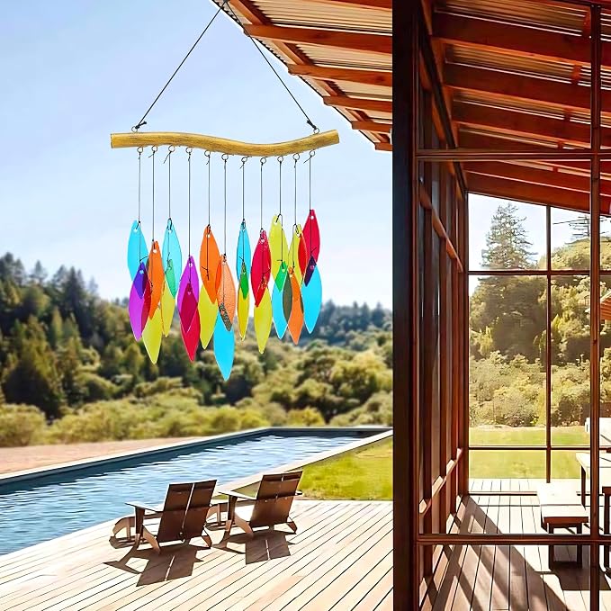 Solar Wind Chimes Outdoor with Glass and Copper (Glass Leaf 2) | Solar Powered, Garden Decor, Patio Decor, Glass and Copper, Outdoor Use