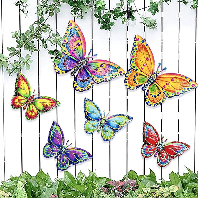 SUNREEK 6Pcs Metal Butterfly Wall Decor, 16Inch/8Inch Outdoor Butterfly Wall Art for Fence Garden Yard Room Patio Balcony Decorations