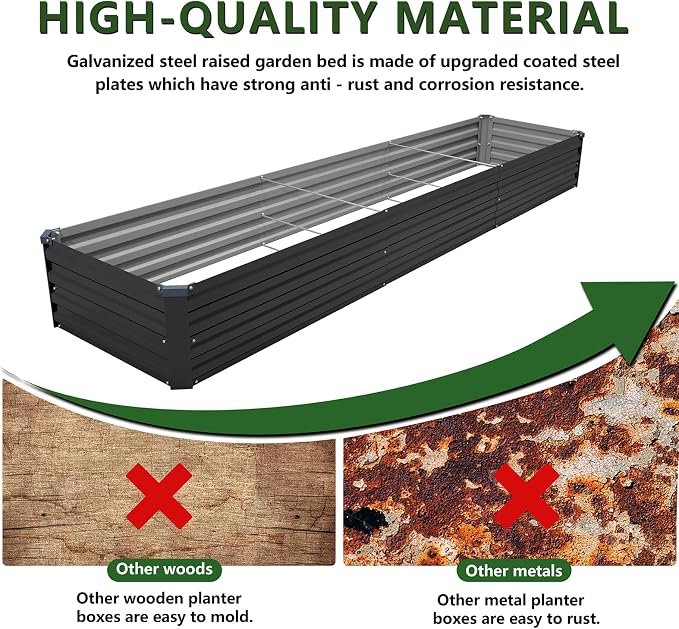 2PCS 12x2x1ft Galvanized Raised Garden Bed Kit,Gardening Planter Box | Outdoor Elevated Metal Planter Box For Vegetables, Flowers, Herbs, Anti-Rust Galvanized Steel, Open Drainage, Sturdy (Black)