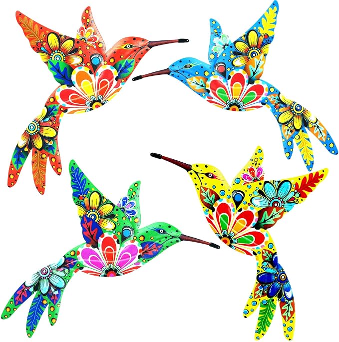 Cruis Cuka Outdoor Metal Wall Art Garden Decor for Outside Colorful Hummingbird Fence Art - (Set of 4,ColorFFX)