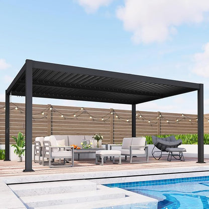 Louvered Pergola, 12' x 16' Outdoor Pergola, Aluminum Frame Patio Gazebo with Adjustable Louvers Roof and Integrated Gutter System, Outdoor Hardtop Gazebo for Patio, Backyard, Deck, Garden, Dark Gray
