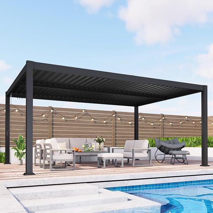 12' x 16' Louvered Pergola, Aluminum Frame Outdoor Pergola with Adjustable Louvered Roof & Integrated Gutter System, Hardtop Patio Gazebo for Backyard, Deck, Garden, Dark Gray