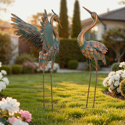 36.8" Metal Crane Garden Statue, Extra-Large Heron Yard Art | Handcrafted Blue Heron with U-ground Stakes for Stability. Weatherproof Iron Bird Art for Backyard, Lawn, Pond, or Patio.