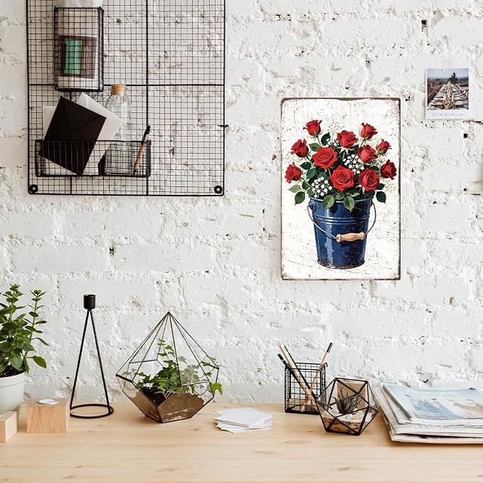 Red Rose Bouquet Metal Tin, Garden Sign | Vintage Garden Wall Art for Home Porch Garden Yard Indoor Outdoor Wall Decor,Gardening Gifts for Red Rose Lovers