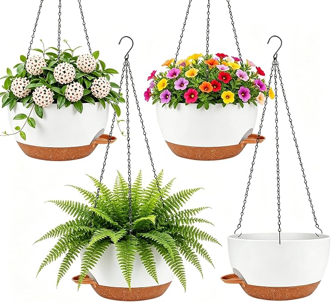 Set of 4-8 Inch Self Watering Hanging Planters for Indoor Outdoor，Hanging Plant Pots with Drainage & Removable Tray, Hanging Pots Holder for Ivy, Pothos, Ferns, Balcony & Patio, White Brown