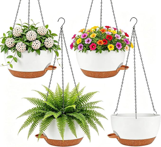 Set of 4-8 Inch Self Watering Hanging Planters for Indoor Outdoor，Hanging Plant Pots with Drainage & Removable Tray, Hanging Pots Holder for Ivy, Pothos, Ferns, Balcony & Patio, White Brown