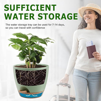 Plant Pots 12/10/9 Inch Self Watering Pots, Set of 3 Plastic Planters with Drainage Holes and Saucers,Plastic Flower Pots,Nursery Planting Pot for Indoor Out Door Plants(Green)