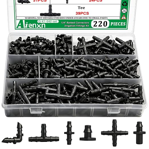 220PCS 1/4" Drip Irrigation Kit Barbed Connectors, Straight Barb, Tee, Single Barb, End Plug, Elbow, 4 Way Coupling Irrigation Fittings for Garden Lawn Flower Pot