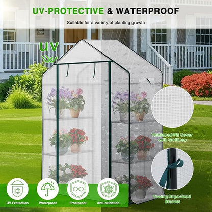 Yesker Greenhouse 57"x29"x77" Walk in Green House - Large Outdoor/Indoor Greenhouses with 4 Shelves Waterproof PE Cover & Windows, Portable Greenhouse Kit for Winter Backyard Gardening Patio, White