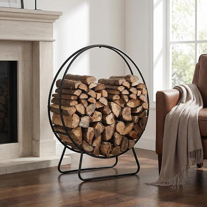 Firewood Rack Outdoor, 24 Inch Round Firewood Storage Log Rack with Arrow Style, Wood Rack for Indoor Fireplace & Balcony (Black)