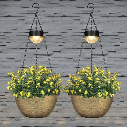 BAYN 2 Packs Solar Hanging Basket Planters for Plants Outdoor | Self Watering, Copper Flower Pots with Solar Light , Hanging Planters with Drainer for Balcony Patio Garden Decoration
