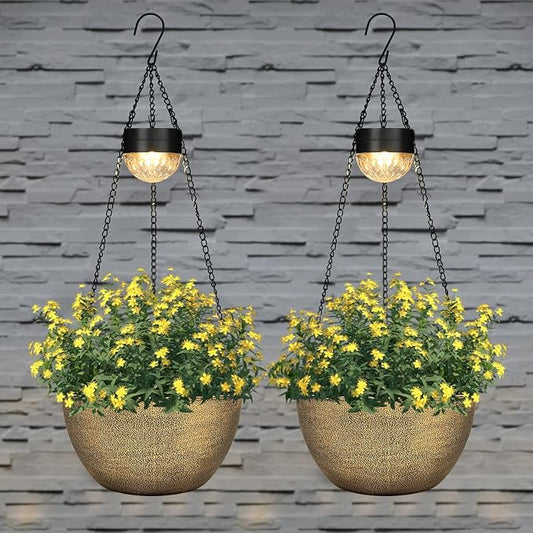 BAYN 2 Packs Solar Hanging Basket Planters for Plants Outdoor | Self Watering, Copper Flower Pots with Solar Light , Hanging Planters with Drainer for Balcony Patio Garden Decoration