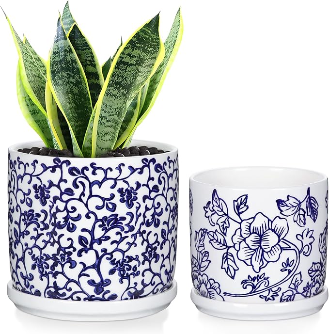 Set of 2 Blue and White Ceramic Plant Pots with Drainage Hole and Saucers, Retro Blue Porcelain Flowers Round Planters for Succulent Cactus Indoor Outdoor Garden Home Desktop Decor, 4.5+5.5 Inch