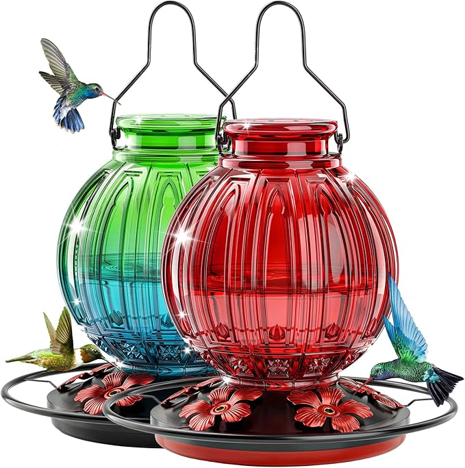 2 Pack Glass Hummingbird Feeder for Outdoors Hanging, Bird Nectar Feeder with Perch & 5 Flower Feeding Ports, 26 Oz Leak Proof for Outside Garden Decor Backyard, Gifts for Women Mom, Red + Green Blue