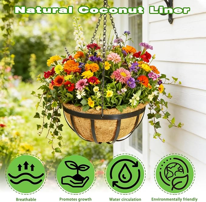 2 Pack 12 Inch Black Metal Hanging Basket Hanging Planter with Coco Coir Liner Heavy Duty Hanging Flower Pot Holder for Indoor Outdoor Patio Garden Porch Balcony Decor (Flat Iron)
