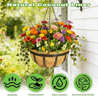 4 Pack 12 Inch Black Metal Hanging Basket Hanging Planter with Coco Coir Liner Heavy Duty Hanging Flower Pot Holder for Indoor Outdoor Patio Garden Porch Balcony Decor (Flat Iron)