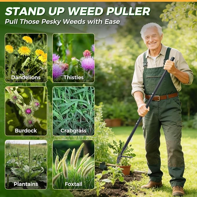 Stand Up Weed Puller Tool, 46" Adjustable All-Metal Long Handle Weeder with 4-Claw Steel Head, Remove Weeds by Roots Without Bending or Kneeling, Heavy Duty Garden Tool Back & Knee Friendly