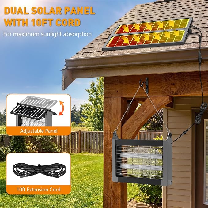 Solar Bug Zapper Outdoor, 4500V Solar Mosquito Zapper with Dual Solar Panels, 1/2 Acre Coverage Cordless Rechargeable Electric Fly Zapper, IPX5 Waterproof Mosquito Traps for Backyard, Patio, Camping