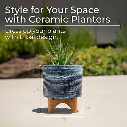 Dotted Decorative Planter Pot with Wood Stand – Ceramic Stoneware Outdoor & Indoor Plant Pot with Drainage Holes – Modern Garden & Home Decor Planters – 10", Blue
