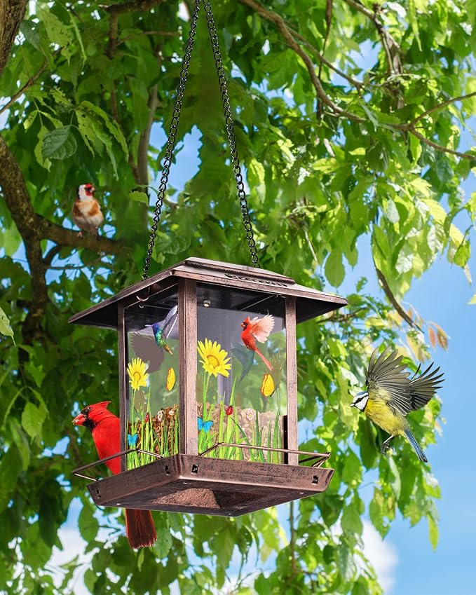 DesGully Solar Bird Feeders for Outdoors - 2.5 LBs Metal Wild Large & Small Bird Feeder for Outside Hanging, Gift Ideas for Avian Enthusiast Garden Yard Seeds (Chew-Proof, Weather Resistance)