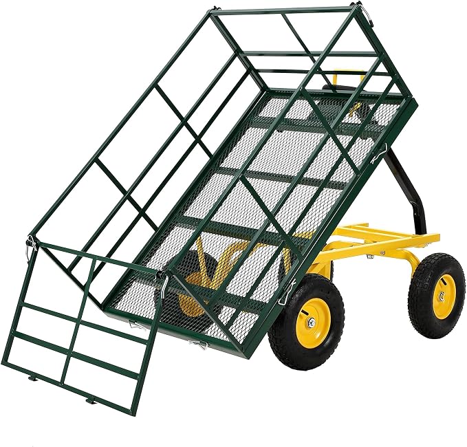 Heavy Duty 1500 Lbs Capacity Mesh Steel Garden Cart Folding Utility Wagon with Removable Sides, Garden Cart on Wheels for Gardening Soil, Tools, and Plant Transport