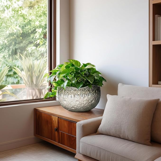 10 Inch Plant Pot - Ceramic Pots for Plants with Drainage Hole and Plug, Unique Flower Pots for Indoor Plants Outdoor, Modern Decorative Flower Pot, Office Decor, Garden Gifts, Beige-Grey